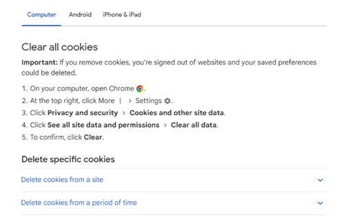 Οδηγίες για τη διαγραφή όλων των cookies από το Google Chrome