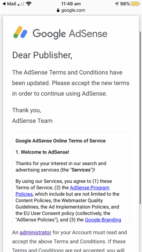 Απόσπασμα από τους Όρους Χρήσης του Google AdSense