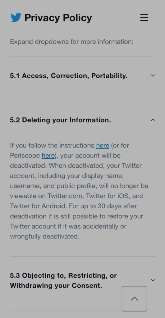 Screenshot of Twitter's Privacy Policy about deleting your information