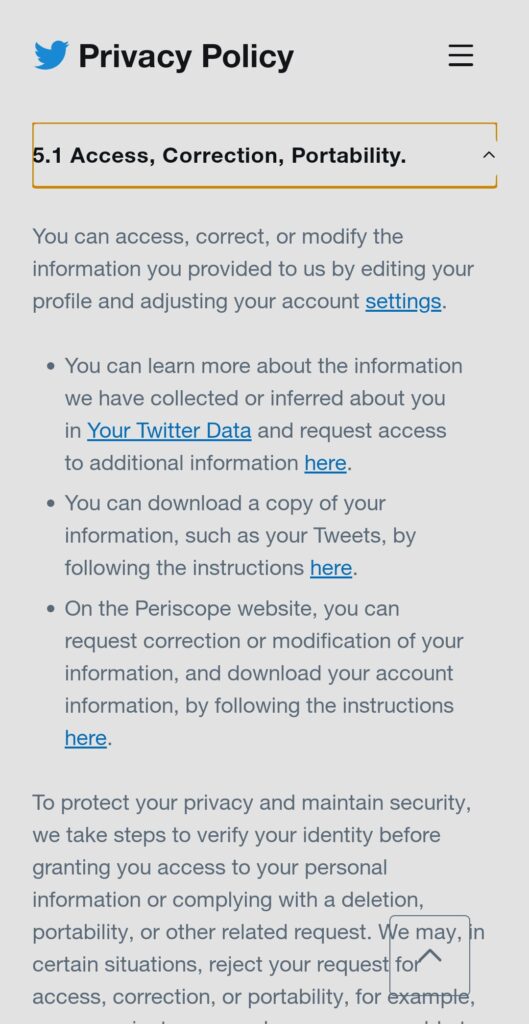 Screenshot of Twitter's Privacy Policy about access, correction and portability