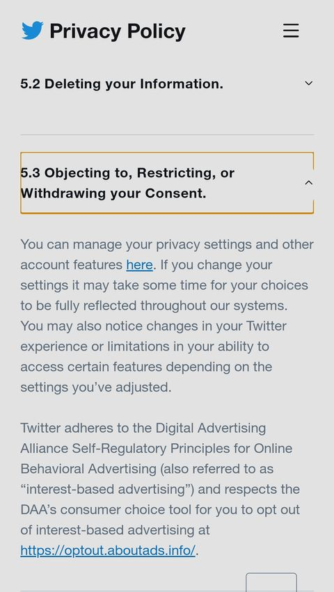 Screenshot of Twitter's Privacy Policy about objecting to, restricting or withdrawing your consent