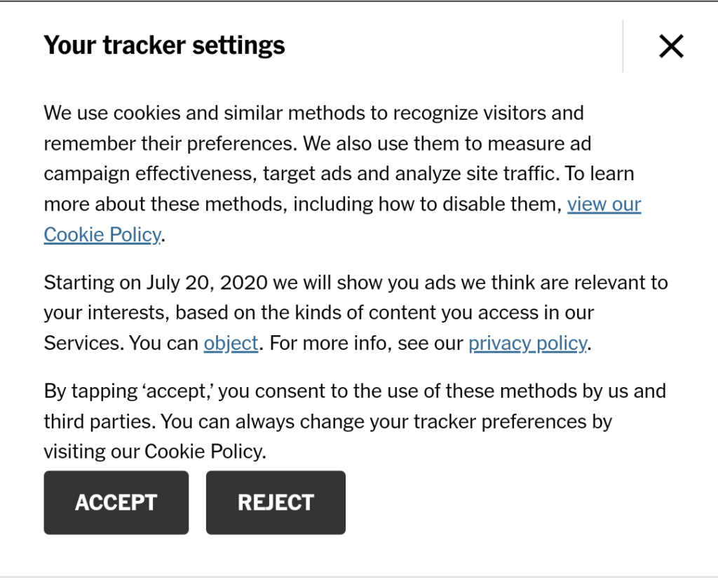 New York Times banner asking for consent to use cookies