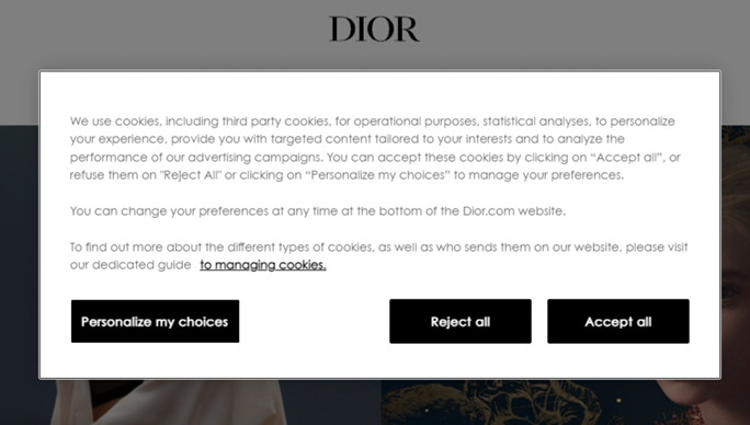 Dior banner asking for consent to use cookies