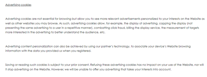 Excerpt from Dior's privacy policy about advertising cookies