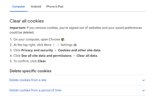 Instructions for clearing all cookies from Google Chrome