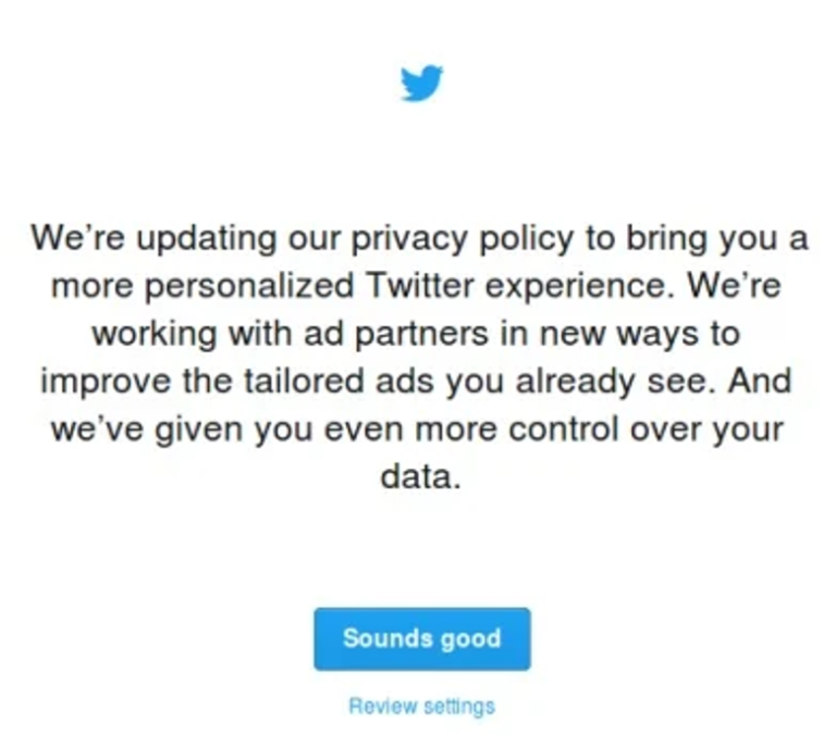 Twitter notification about an update to their privacy policy